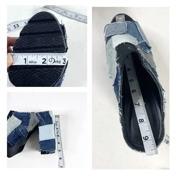 Retro Qupid Patchwork Denim Peep Toe Chunky Slip On Block Heel Mules Sz 7 - Picture 6 of 11